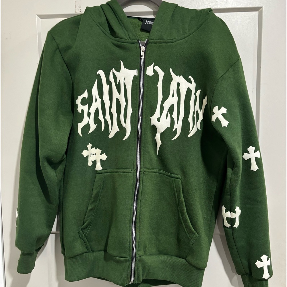 Saint latin puff print zip up hoodie